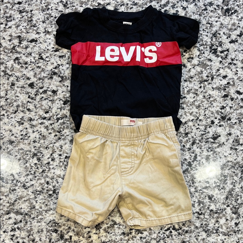 Levi's Black and Red Tee with Beige Shorts